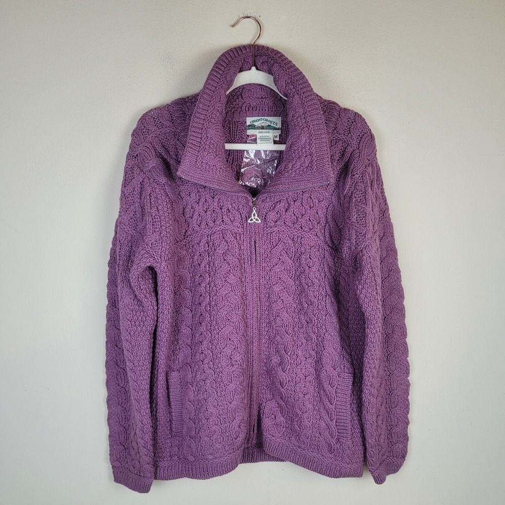 Aran Crafts Sweater Medium Purple Cable Knit Merino Wool Zip Cottagecore Ireland